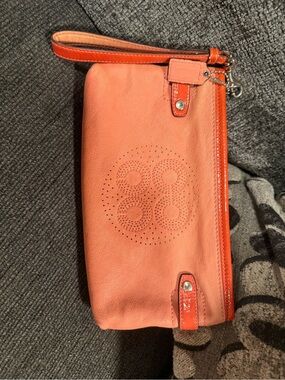 Leather Wristlet Clutch in Coral Orange